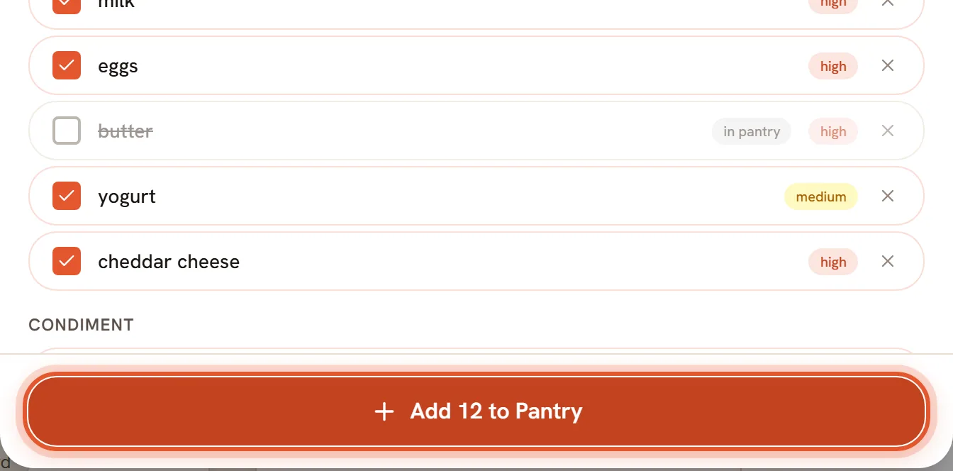 The ingredient list with the Add to Pantry button at the bottom ringed.