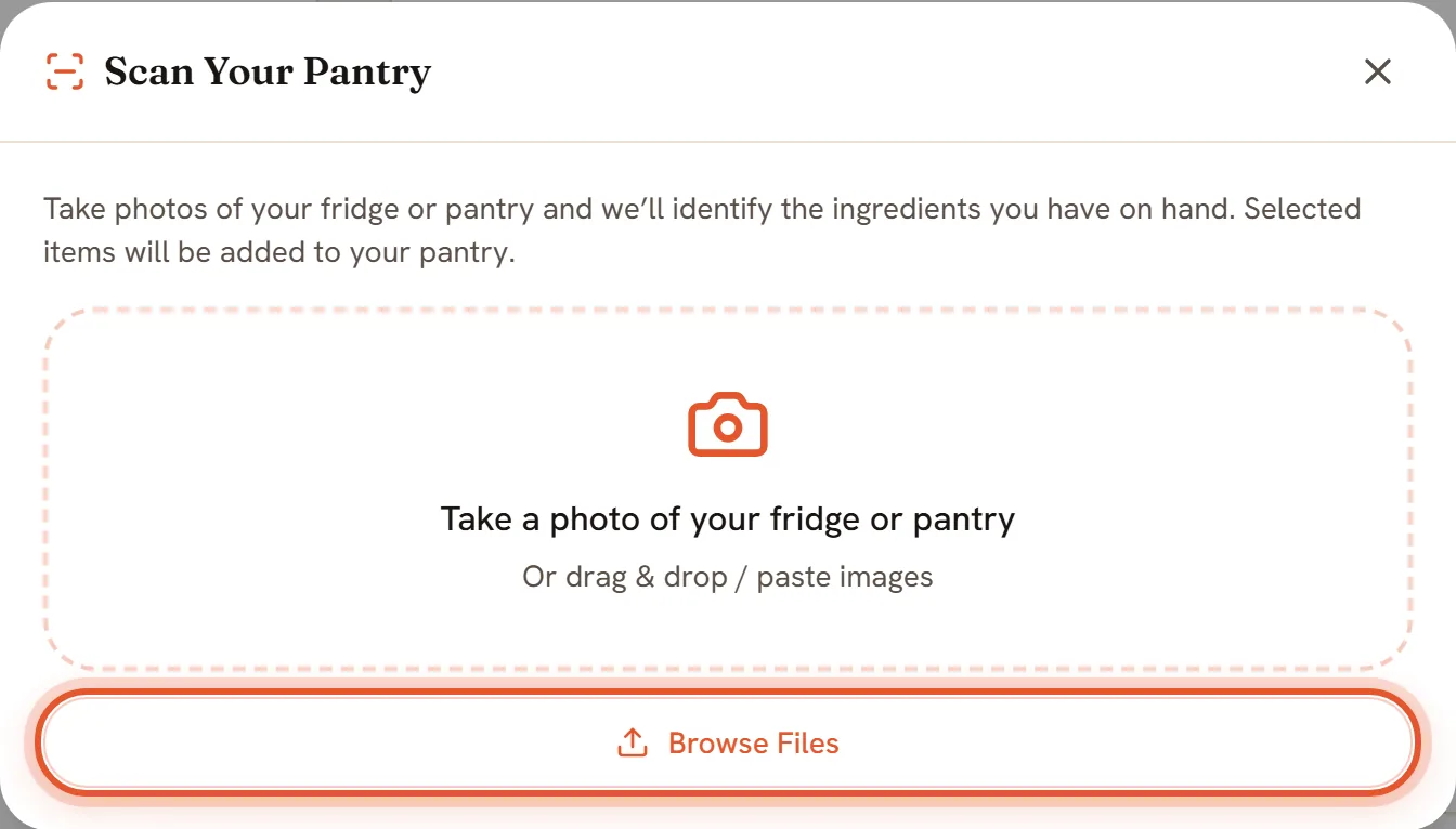 The Scan Your Pantry box with its dashed drop area and the Browse Files button ringed.
