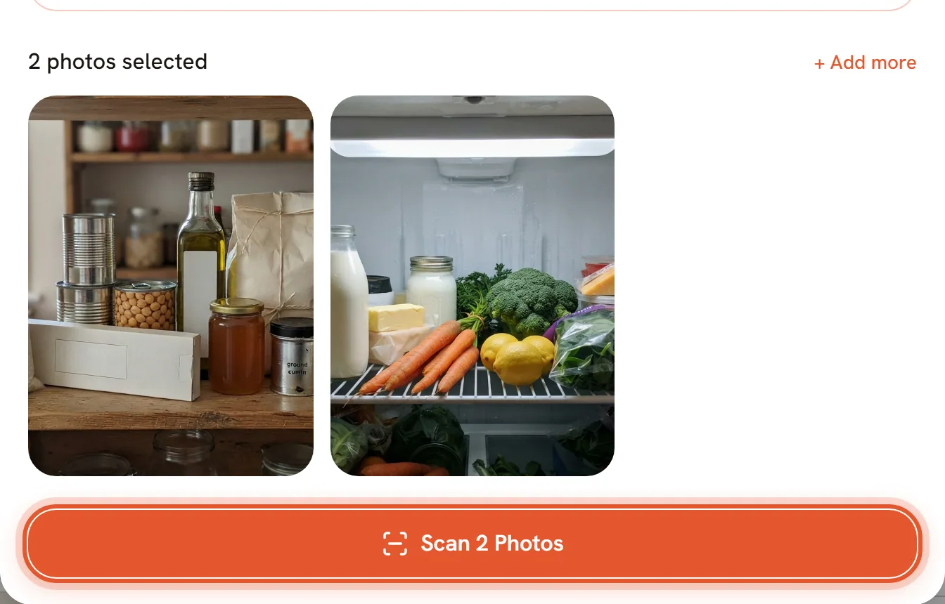 Two photos, a pantry shelf and a fridge shelf, ready to scan. The Scan 2 Photos button is ringed.