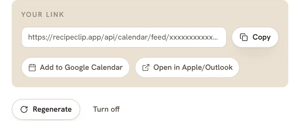 The Subscribe in your calendar window after subscribing: a private link with a Copy button, and the Add to Google Calendar and Open in Apple/Outlook buttons.