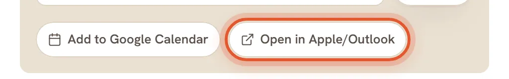 The Add to Google Calendar and Open in Apple/Outlook buttons under the link, with Open in Apple/Outlook ringed.