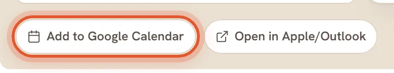 The Add to Google Calendar and Open in Apple/Outlook buttons under the link, with Add to Google Calendar ringed.