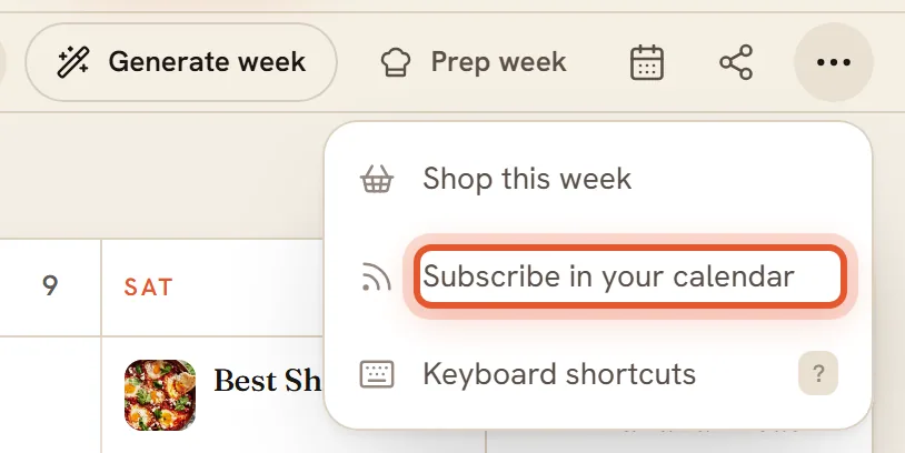 The open more menu on the Plan page with the Subscribe in your calendar item ringed.