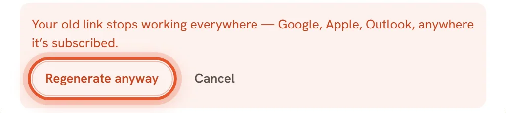The warning that the old link stops working, with the Regenerate anyway button ringed.