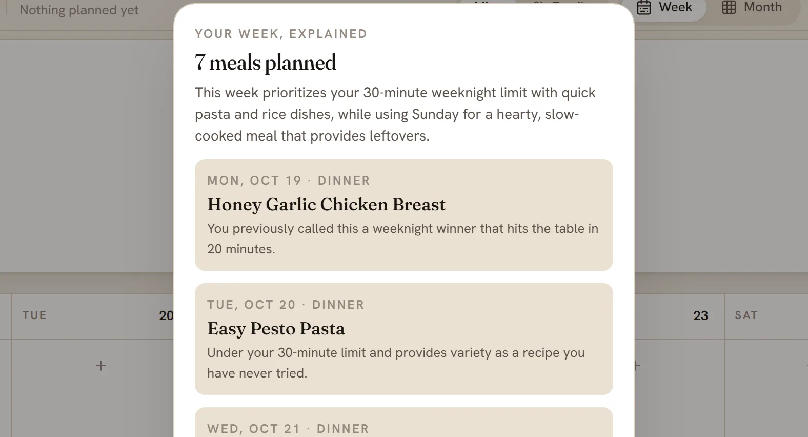 The top of the Your week, explained window: a summary sentence and the first two dinners, each with a reason.