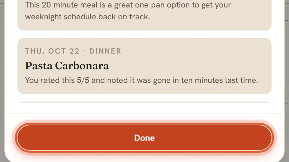 The Done button at the bottom of the Your week, explained window, ringed.