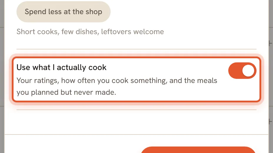 The Use what I actually cook switch and its description, ringed.