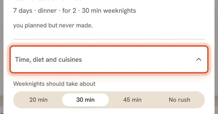 The Time, diet and cuisines row, ringed.