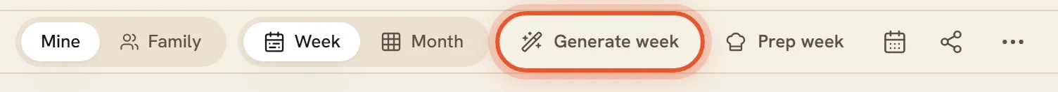 The Generate week button on a computer, and the Generate week item in the phone's more menu, ringed.
