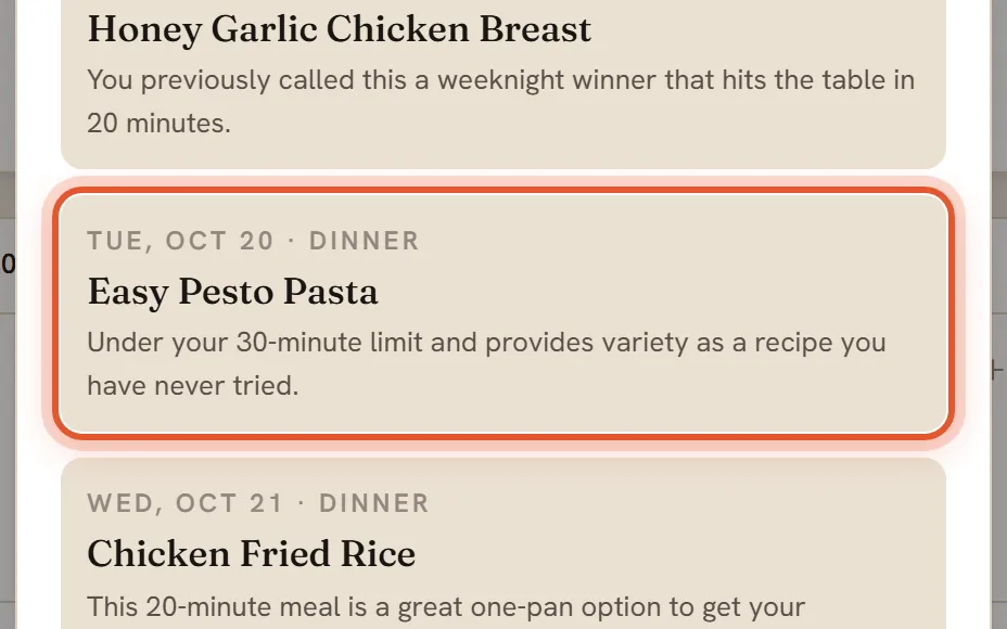The Your week, explained window with a card for each meal and its reason, one card ringed.