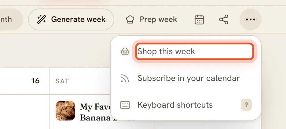The Shop this week item in the Plan page's menu, ringed.