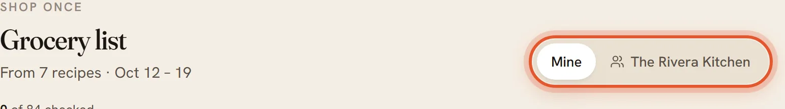 The Mine and household name switch next to the Grocery list title, ringed.