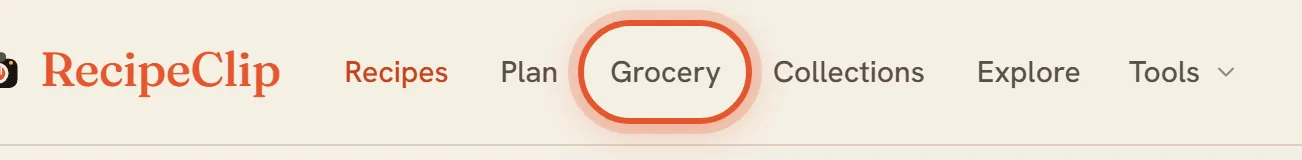 The Grocery link in the top bar on a computer, and the Grocery tab in the phone's bottom bar, ringed.