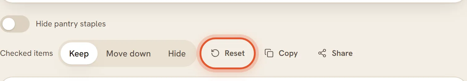 The Reset button next to Copy and Share, ringed.