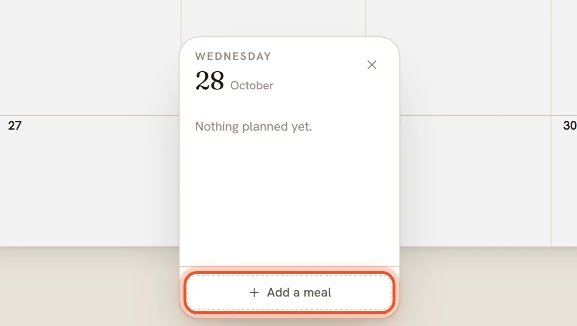 A day's panel in Month view with the Add a meal button ringed.