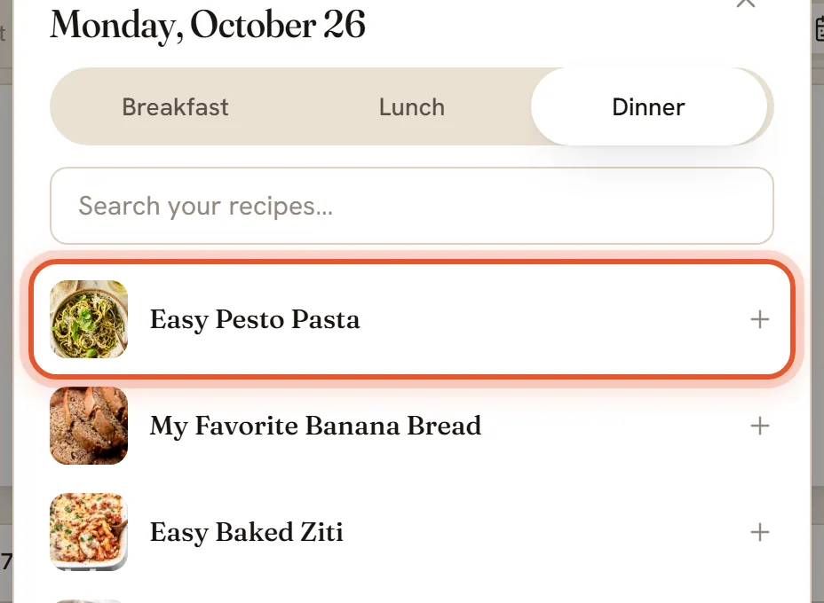 A recipe row in the Add to my plan window, ringed.