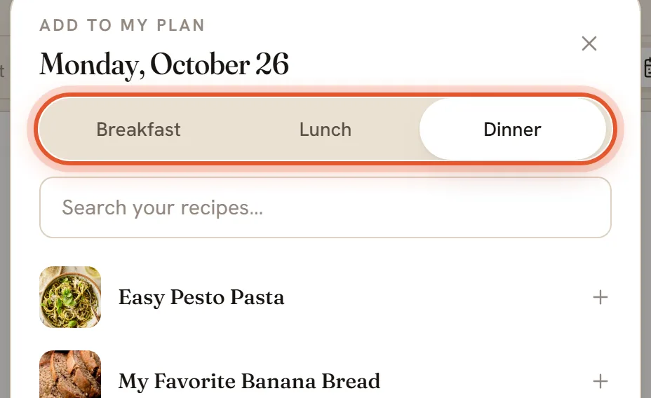 The Breakfast, Lunch and Dinner switch at the top of the Add to my plan window, ringed.