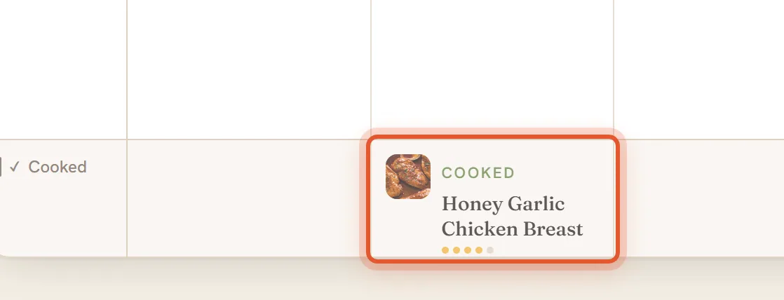 The Cooked row under a week, with a logged recipe on Tuesday, ringed.