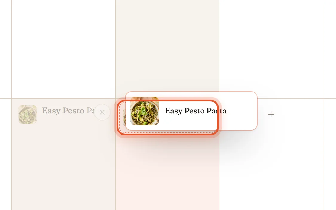 A recipe being dragged across the week, with the dragged card ringed.