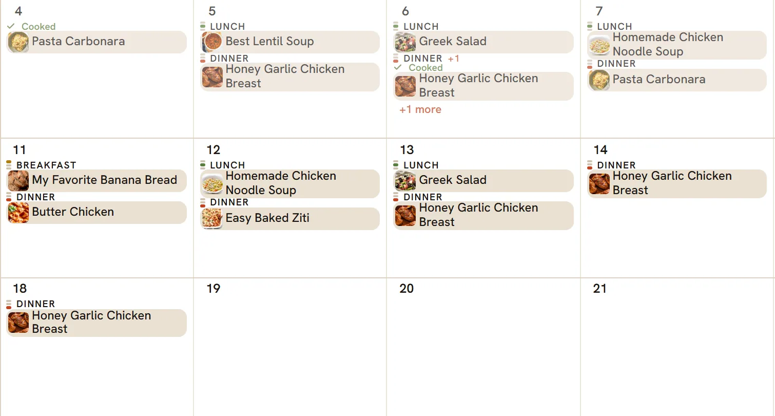 The Plan page in Month view with small recipe chips on each day.