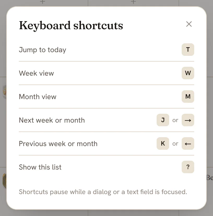 The Keyboard shortcuts window listing T, W, M, J or right arrow, K or left arrow, and question mark.