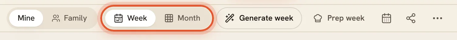 The Week and Month switch on a computer, and the Month view item in the phone's more menu, ringed.