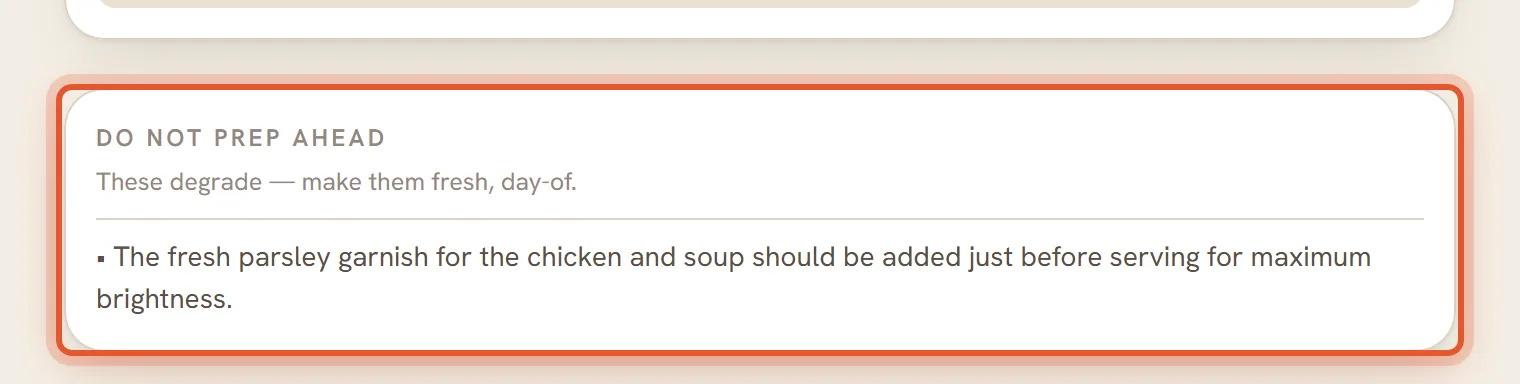 The Do not prep ahead card with its short list of foods to make fresh, ringed.