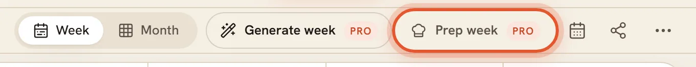 The Prep week button with a PRO tag on a Free account on a computer, and the Prep for this week item with its PRO tag in the phone's more menu, ringed.