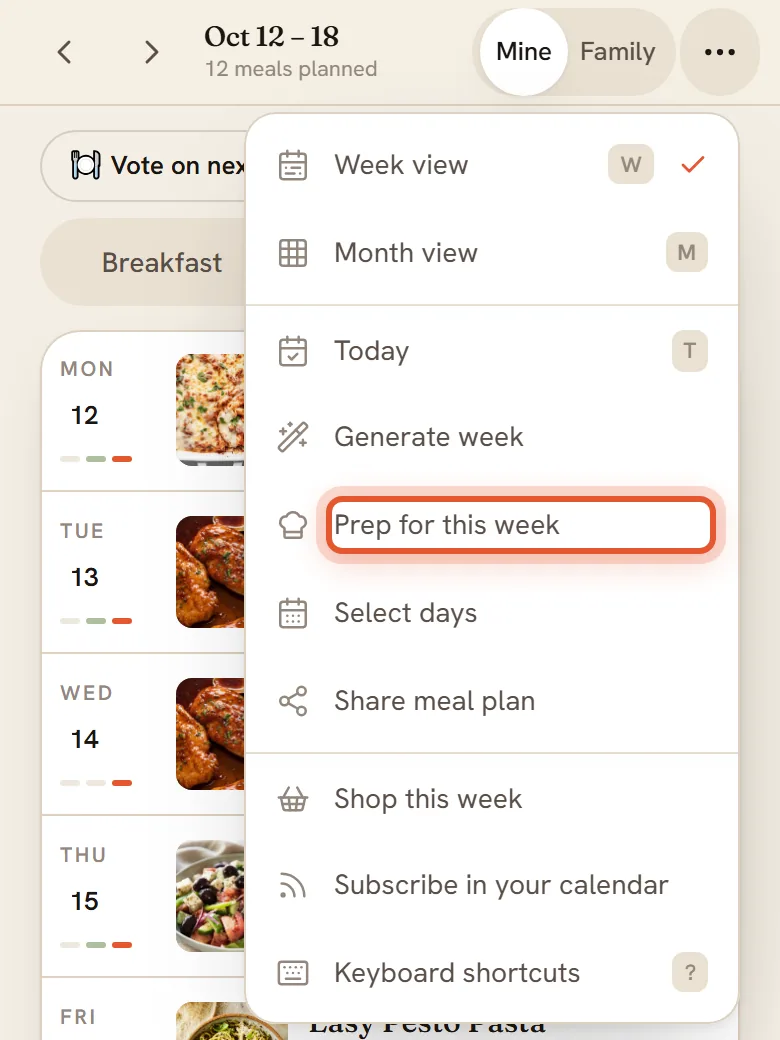 The Prep for this week item in the phone's more menu, ringed.