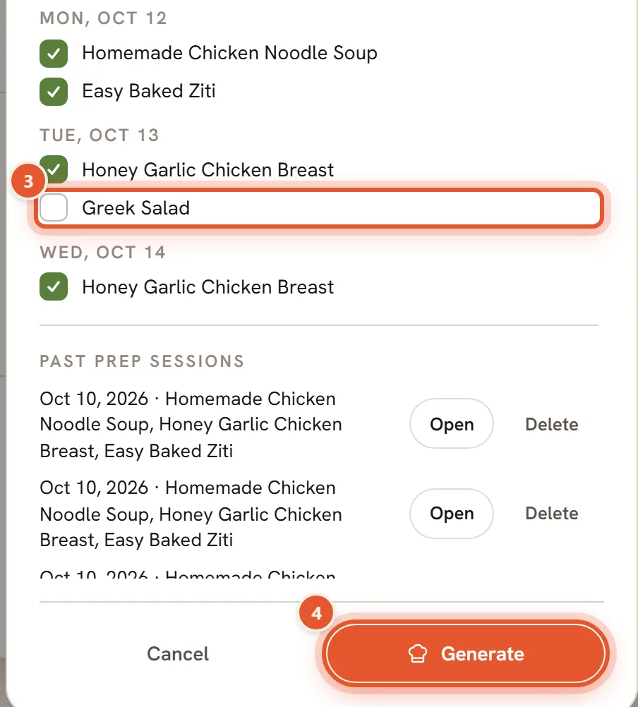 The meal list in the Prep for this week window with the unticked Greek Salad row ringed and numbered 3, and the Generate button ringed and numbered 4.