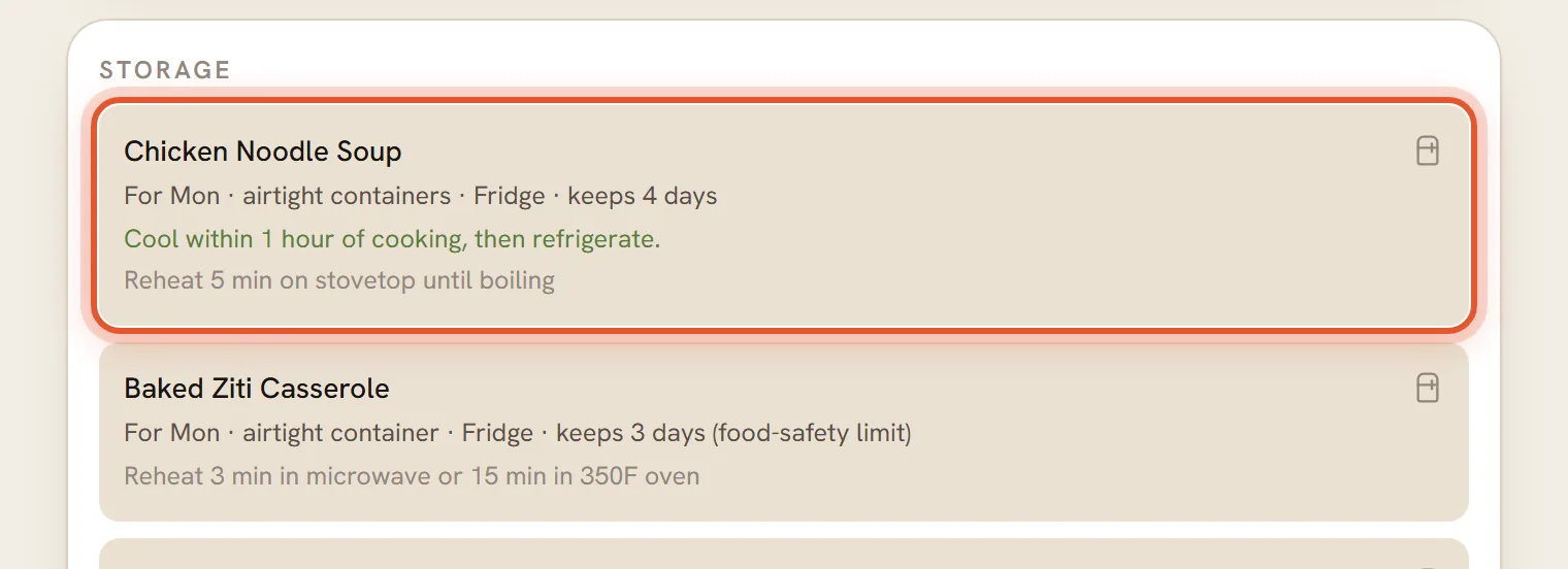 The Storage list, with the entry for the chicken noodle soup ringed: the day, the container, the fridge and how many days it keeps.