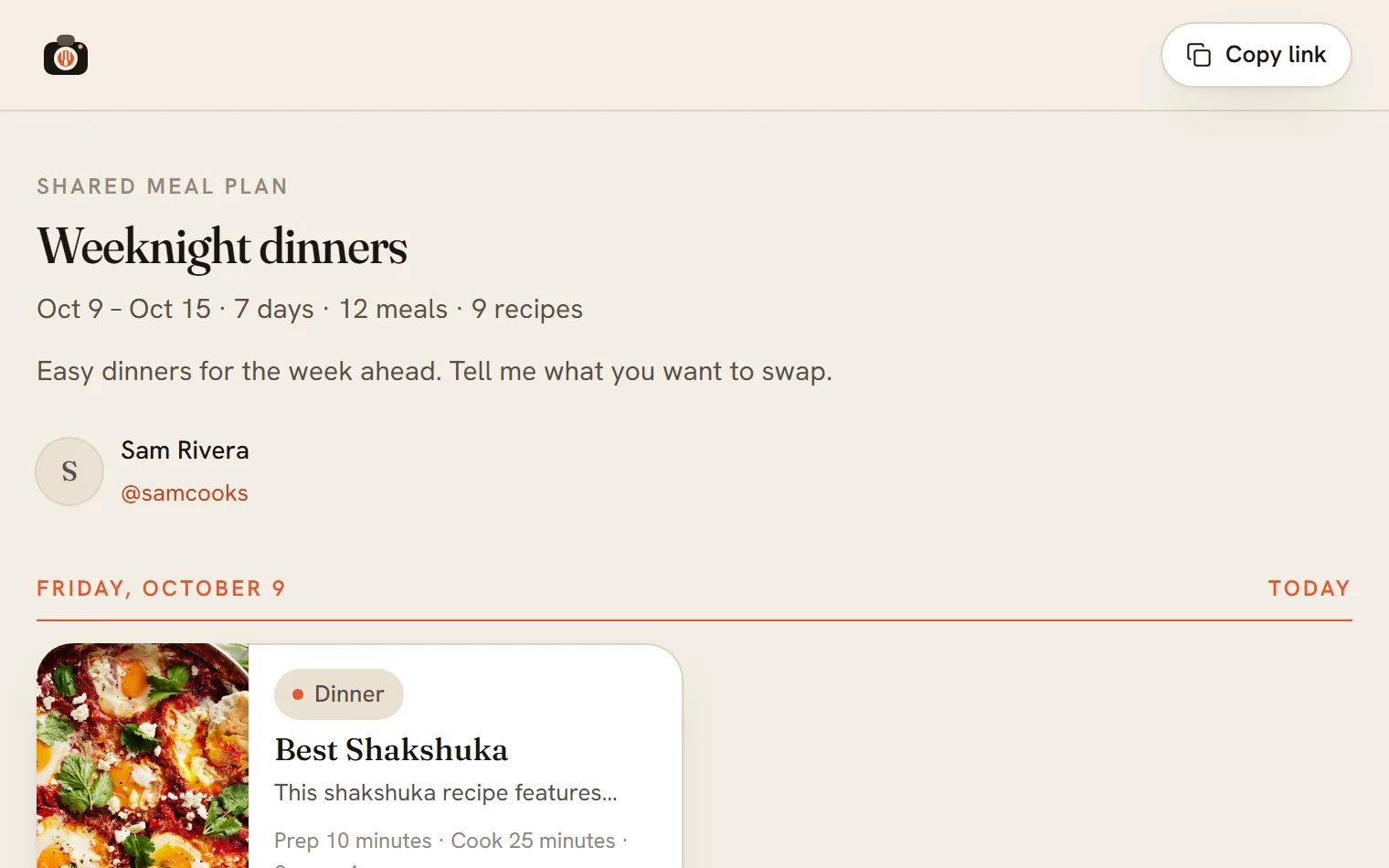 A shared meal plan page titled Weeknight dinners, with the dates, a short note, the cook's name and the first meals.
