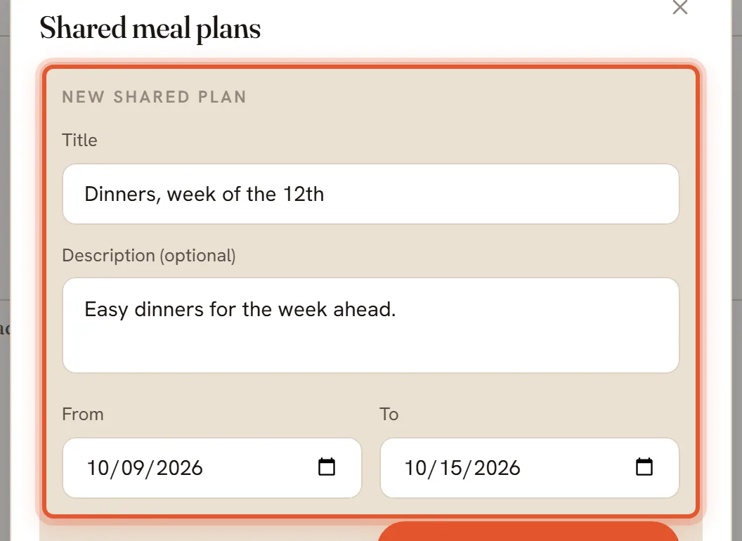 The title, description and date boxes in the new shared plan form, ringed together.