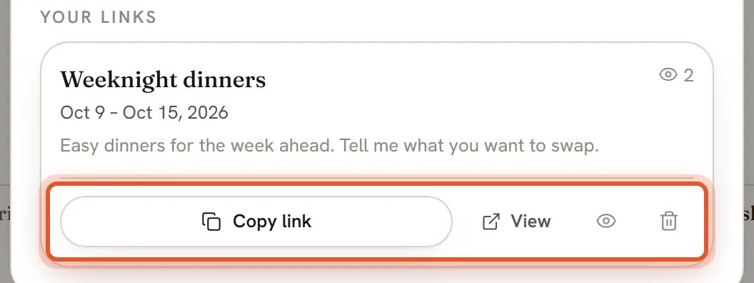 The Copy link, View, eye and bin buttons on a shared plan, ringed together.