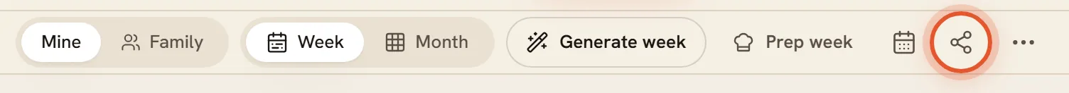 The share icon on a computer, and the Share meal plan item in the phone's more menu, ringed.