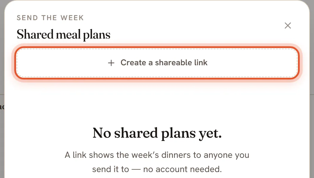 The Create a shareable link button at the top of the Shared meal plans window, ringed.