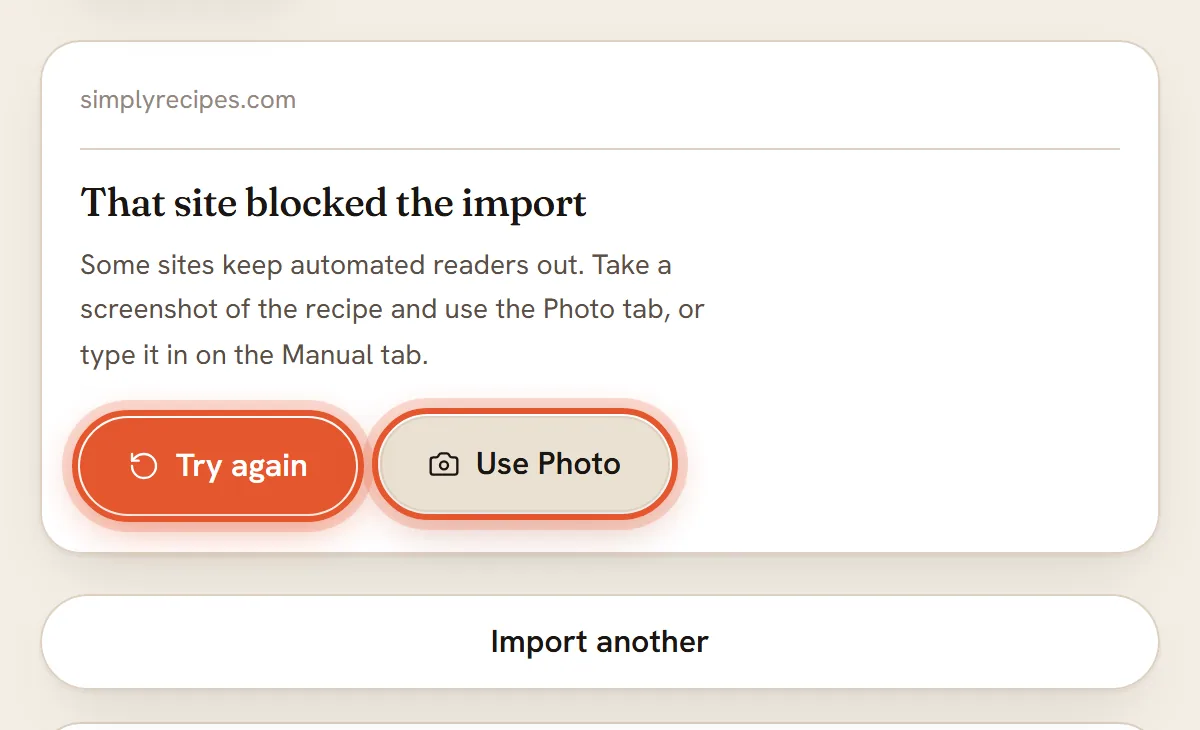 The blocked-import card with the Try again and Use Photo buttons ringed.