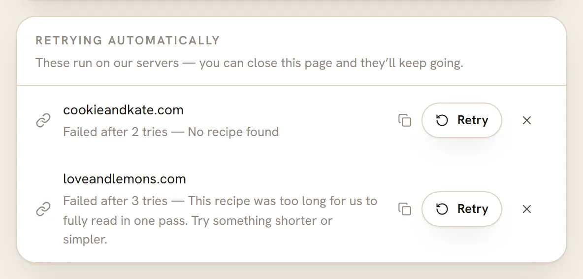 The Retrying automatically panel with two failed imports, each with a Retry button and an × to remove it.