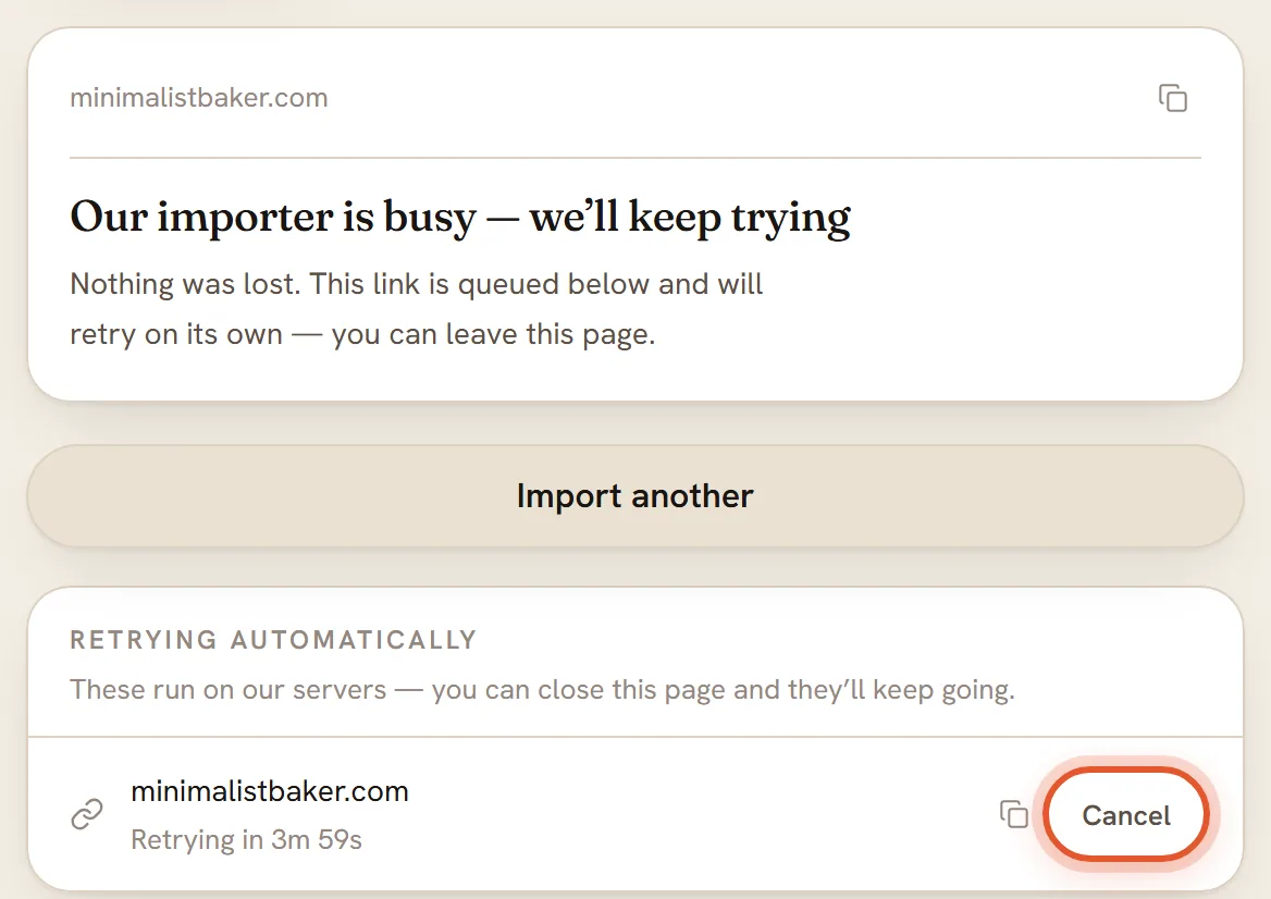 The Our importer is busy card and, below it, the Retrying automatically panel with the link counting down and a Cancel button ringed.