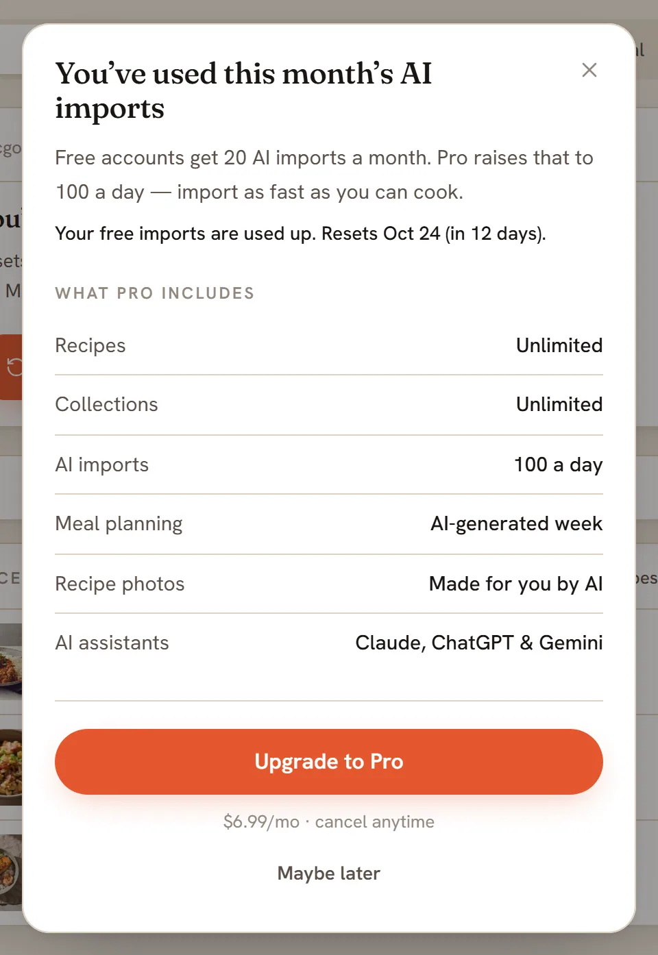 The window titled You've used this month's AI imports, listing what Pro includes.