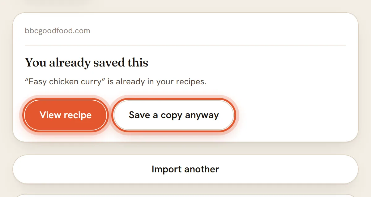 The You already saved this card with the View recipe (1) and Save a copy anyway (2) buttons ringed.