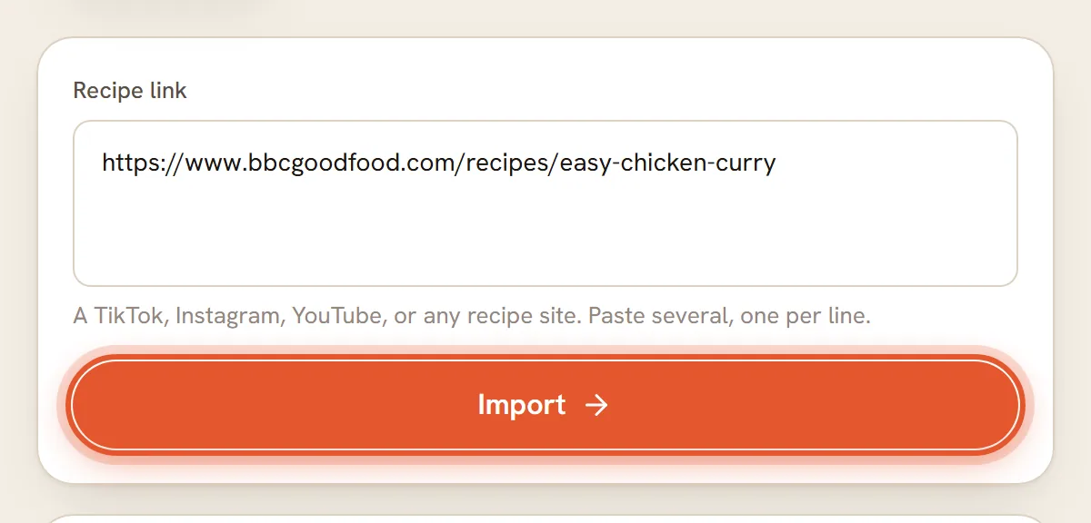 The Import button under the Recipe link box, ringed.