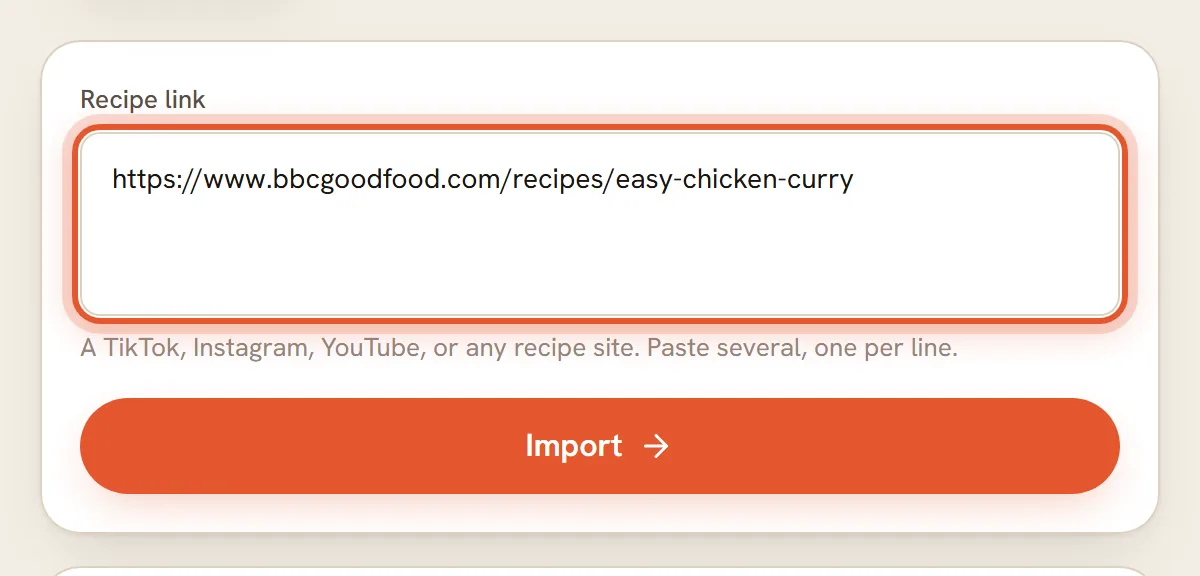 The Recipe link box holding a pasted recipe address, ringed.