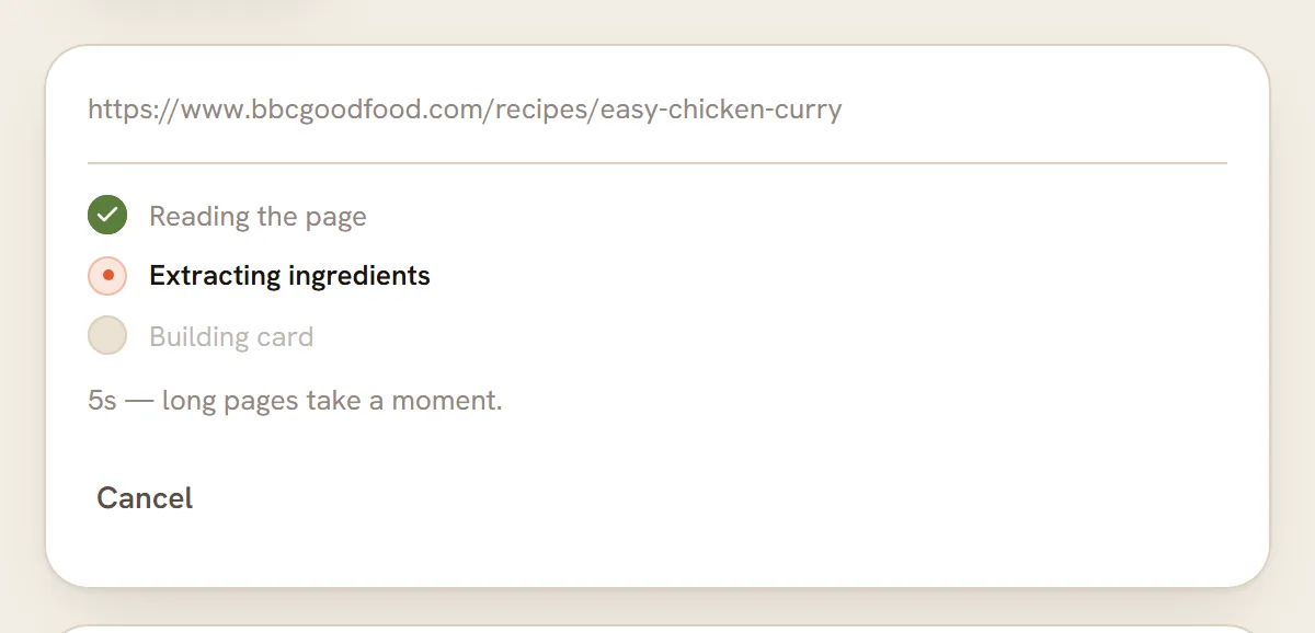 The import card with Reading the page ticked, Extracting ingredients in progress and a Cancel button.