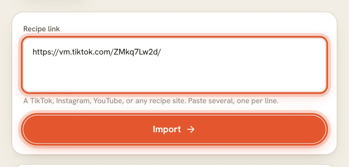 A TikTok share link pasted into the Recipe link box. The box and the Import button are ringed.