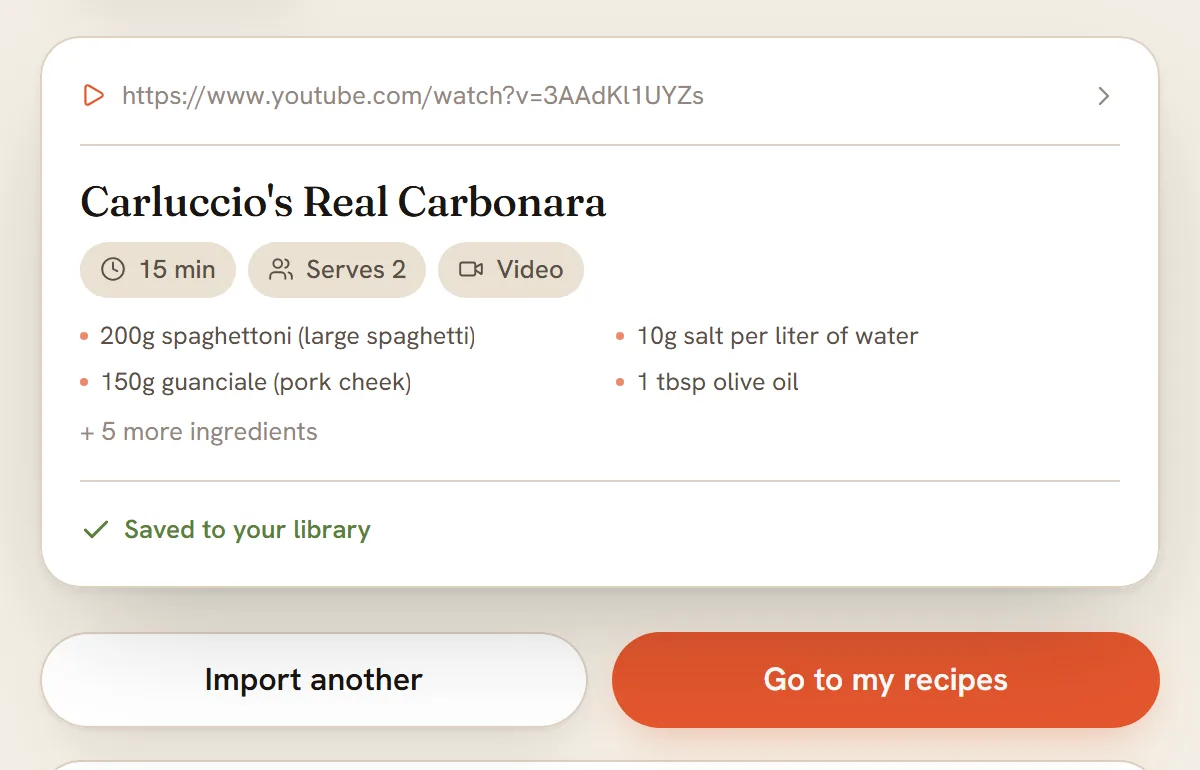 The finished card for a YouTube video, Carluccio's Real Carbonara, with a Video label and Saved to your library.