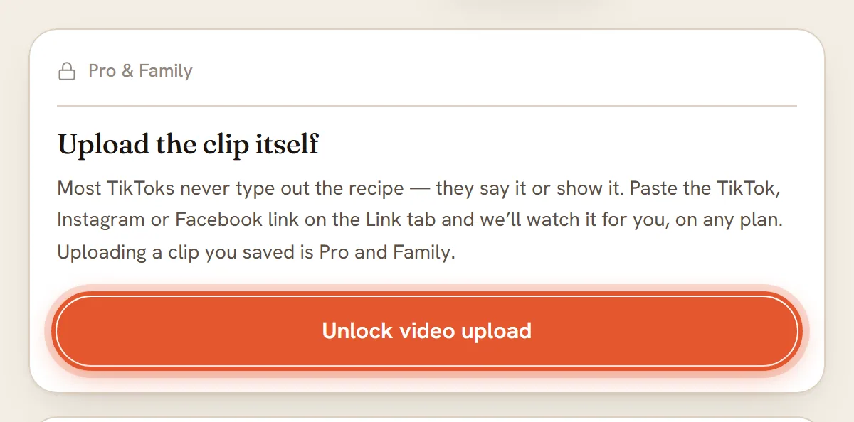 The Video tab on a Free account: Pro and Family note, Upload the clip itself, and the Unlock video upload button ringed.