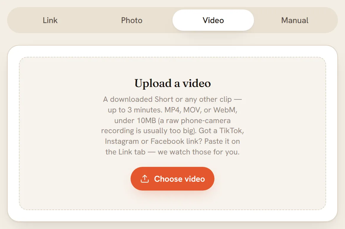 The Video tab of the Add a recipe page on a Pro account: an Upload a video box with a Choose video button.
