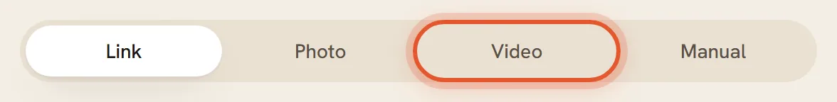The row of four tabs, Link, Photo, Video and Manual, with Video ringed.