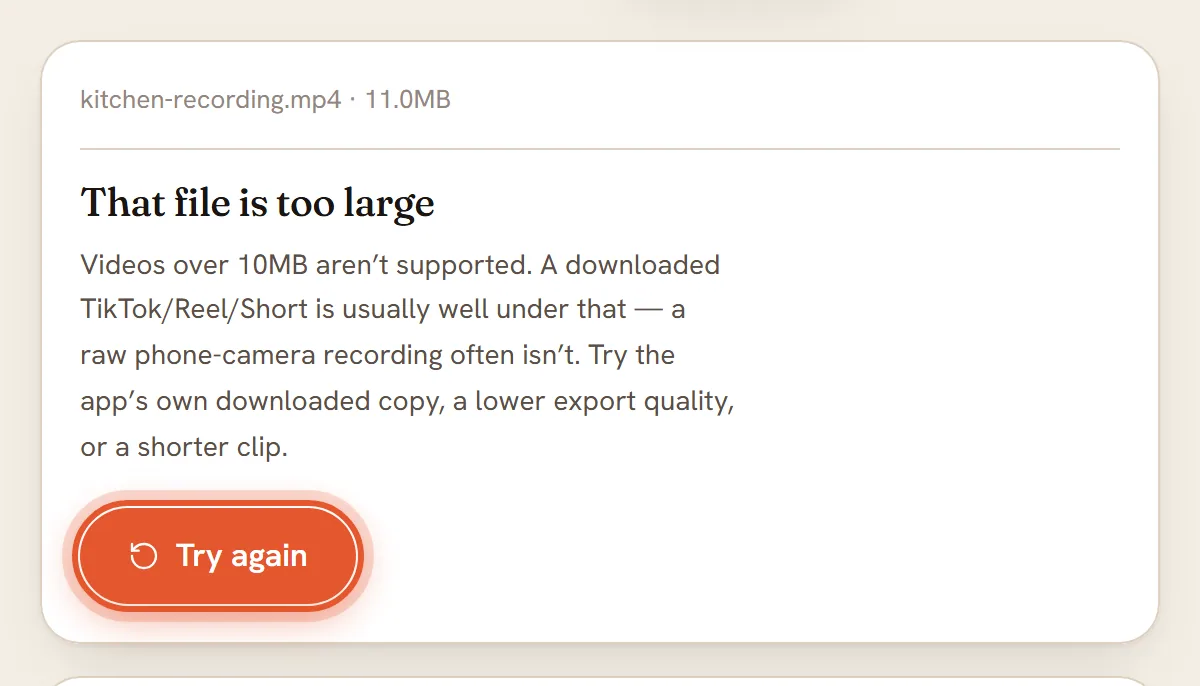 The That file is too large card for an 11 MB file, with the Try again button ringed.